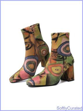 Women's Ankle Boots Stretchy Lycra Print Mid-Calf Booties Block Heel